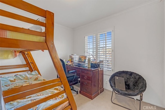 carpeted bedroom featuring crown molding