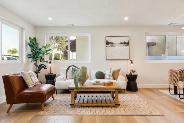 living area with plenty of natural light and light hardwood / wood-style floors