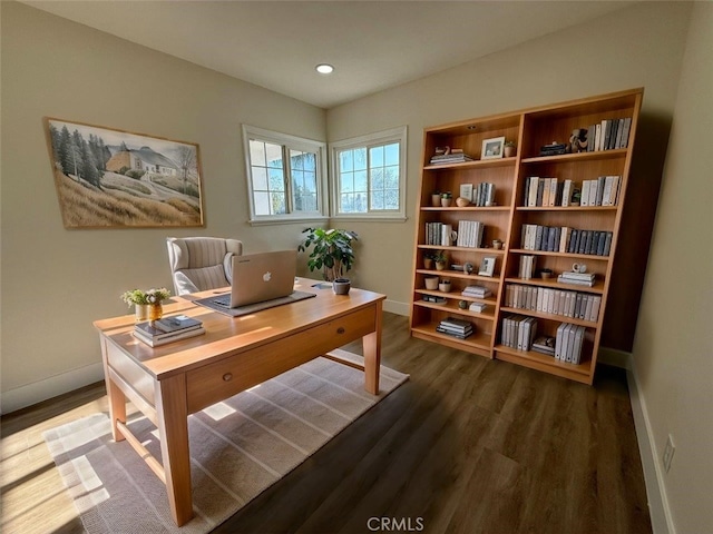 home office featuring dark wood-type flooring