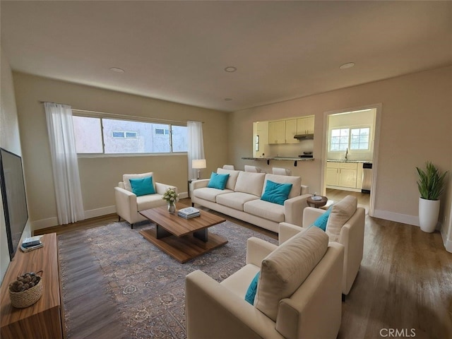 living room featuring sink, plenty of natural light, and dark hardwood / wood-style floors