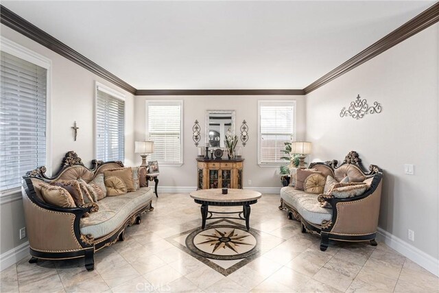 living room with ornamental molding