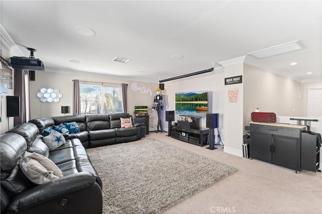 living room featuring light colored carpet and crown molding