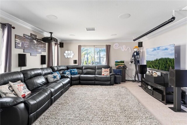 carpeted living room with ornamental molding