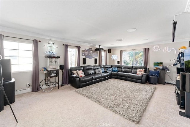 carpeted living room featuring crown molding