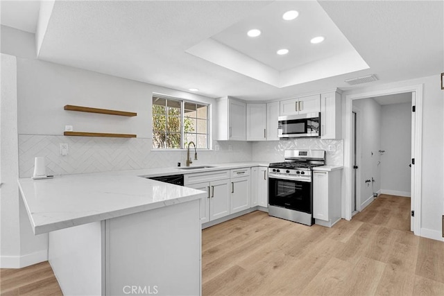 kitchen featuring sink, white cabinets, tasteful backsplash, kitchen peninsula, and appliances with stainless steel finishes