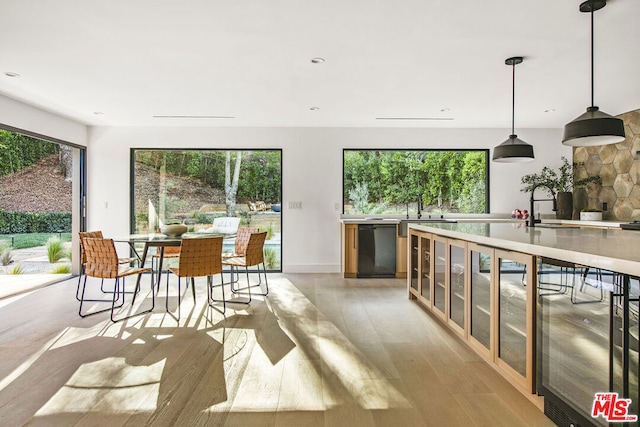 kitchen featuring sink, light hardwood / wood-style flooring, pendant lighting, and black dishwasher