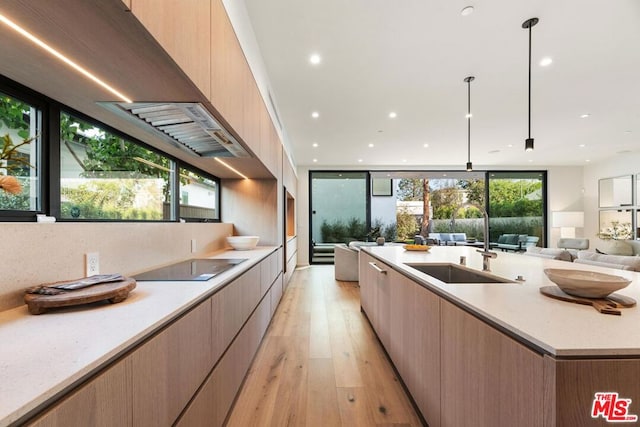 kitchen with sink, light brown cabinets, pendant lighting, light hardwood / wood-style floors, and black electric cooktop