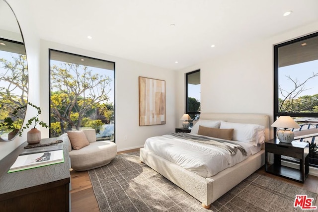 bedroom with dark hardwood / wood-style floors