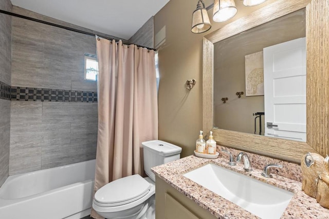 full bathroom featuring toilet, shower / bathtub combination with curtain, and vanity