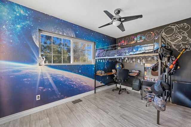1404 E Mission Rd, Fallbrook, CA 92028 - bedroom with wood finished floors, a desk, baseboards, and a ceiling fan
