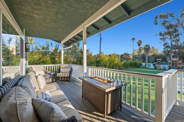 1404 E Mission Rd, Fallbrook, CA 92028 - deck featuring a lawn and an outdoor living space with a fire pit