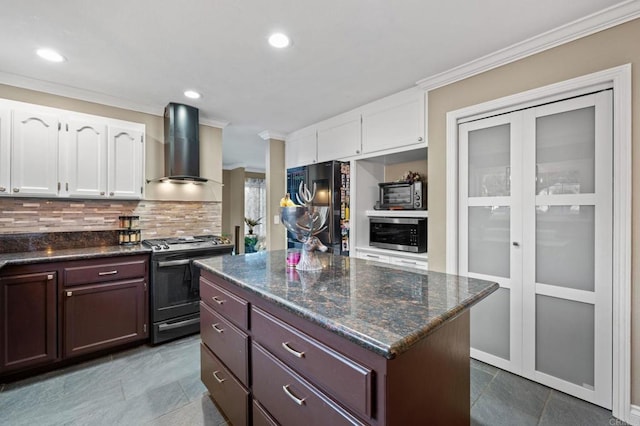 1404 E Mission Rd, Fallbrook, CA 92028 - kitchen featuring wall chimney range hood, black appliances, ornamental molding, white cabinets, and backsplash