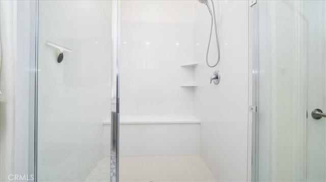 bathroom with a shower with shower door