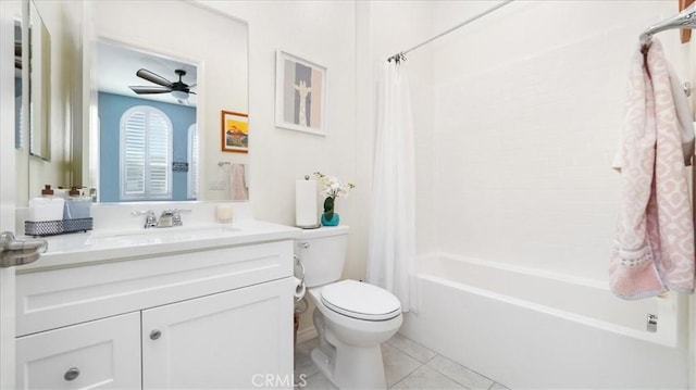 full bathroom featuring tile patterned floors, vanity, shower / tub combo, toilet, and ceiling fan