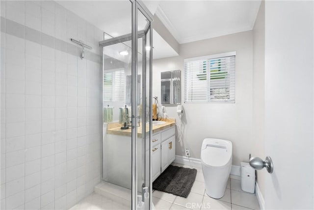 bathroom featuring tile patterned flooring, vanity, ornamental molding, walk in shower, and toilet