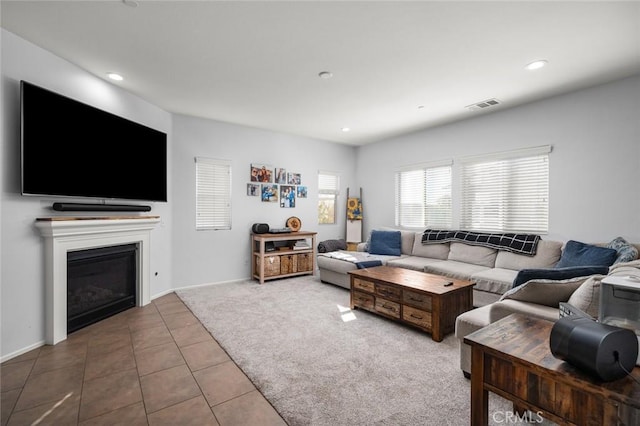 living room featuring tile patterned flooring