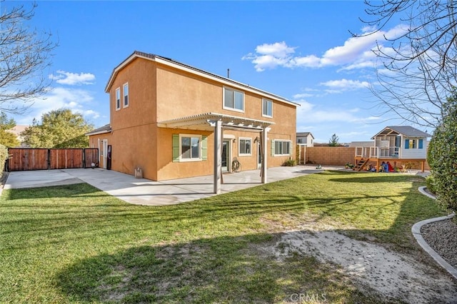 back of house featuring a patio area, a playground, a lawn, and a pergola