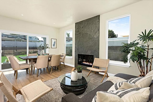 living room with a large fireplace, plenty of natural light, and hardwood / wood-style flooring