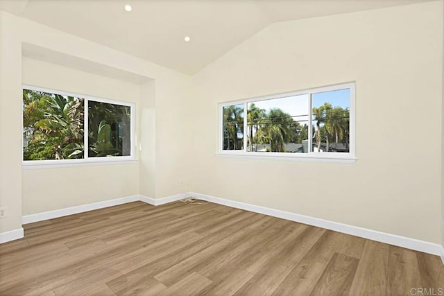 empty room with light hardwood / wood-style flooring, a wealth of natural light, and lofted ceiling