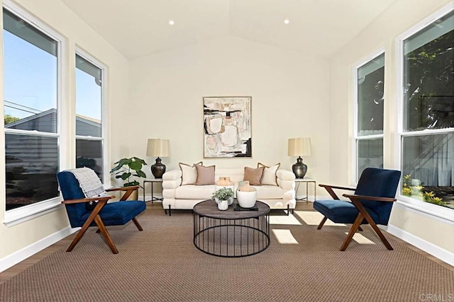 interior space featuring hardwood / wood-style flooring and lofted ceiling