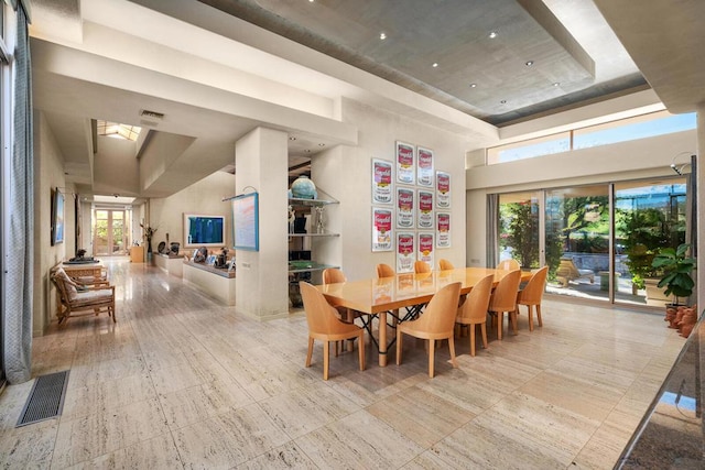 dining space featuring a tray ceiling and a healthy amount of sunlight