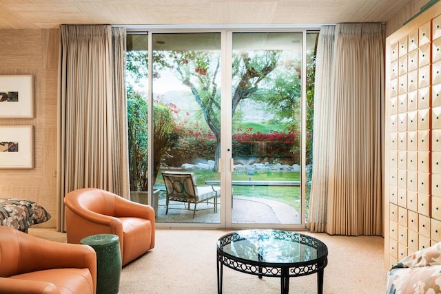 living area with carpet floors, wooden walls, and floor to ceiling windows