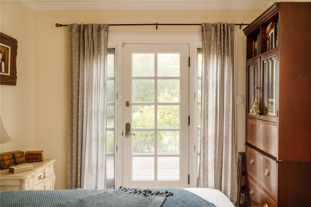 doorway featuring a wealth of natural light and ornamental molding