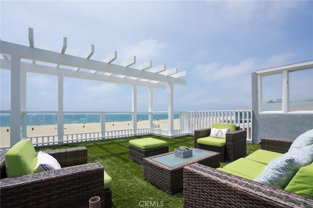 view of patio featuring outdoor lounge area, a pergola, and a water view