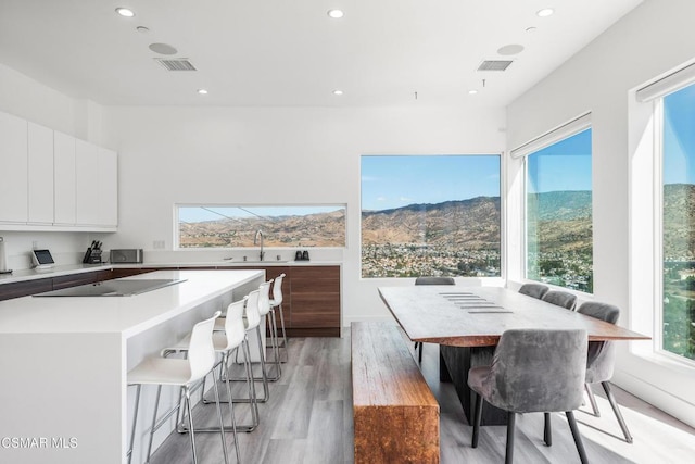 dining room with a mountain view, sink, and light hardwood / wood-style flooring