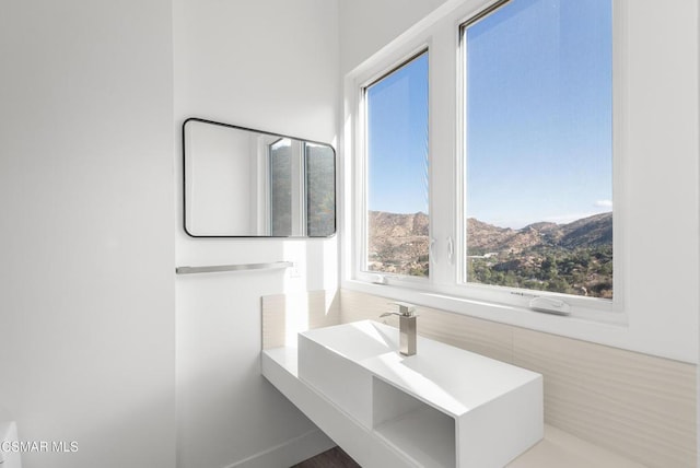 bathroom with a mountain view