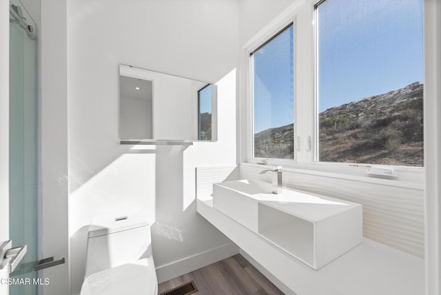 bathroom with sink, hardwood / wood-style floors, and toilet