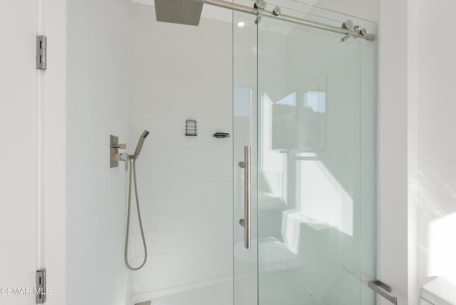 bathroom with a shower with shower door