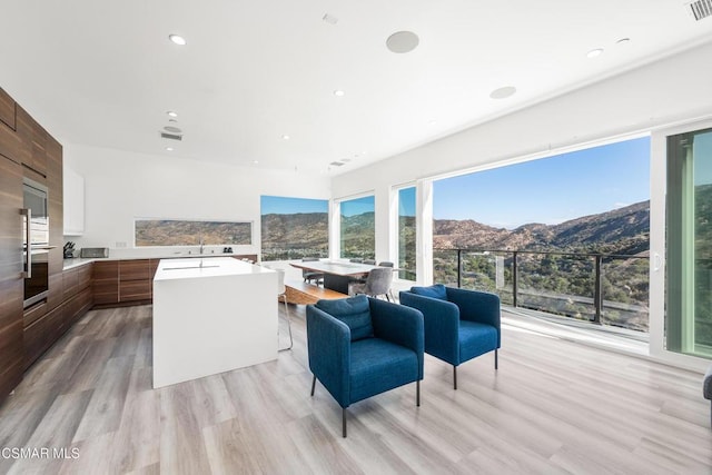 living area with a mountain view and light hardwood / wood-style floors