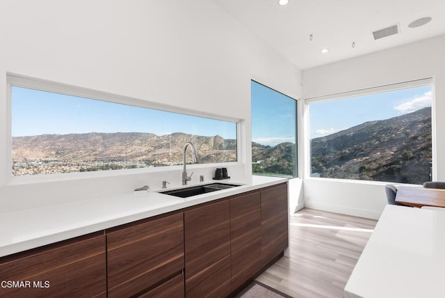 kitchen featuring a mountain view, dark brown cabinetry, light wood-type flooring, and sink