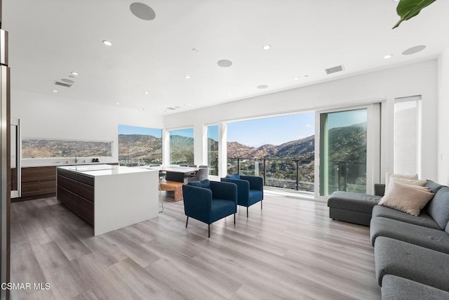 living room featuring a mountain view, light wood-type flooring, and a wealth of natural light