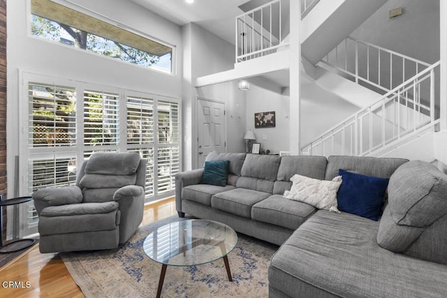 living room featuring hardwood / wood-style floors and a towering ceiling