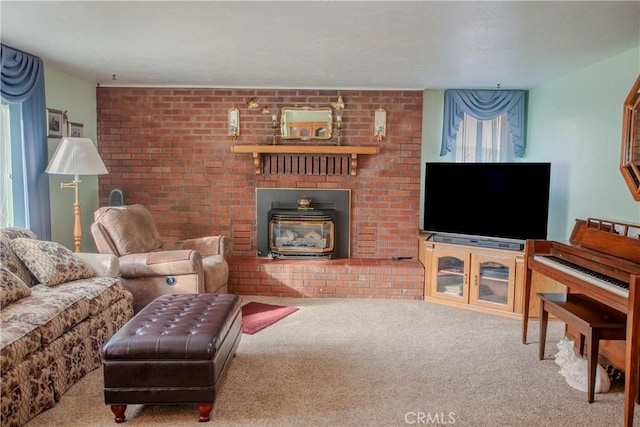 living room featuring light colored carpet and a wood stove