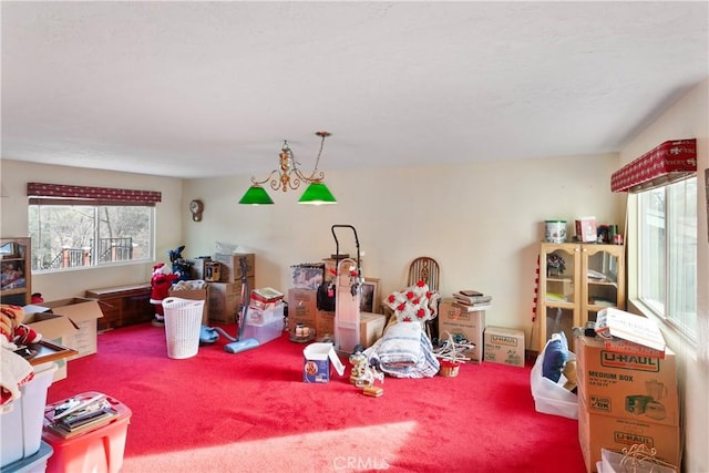 recreation room with carpet floors and plenty of natural light