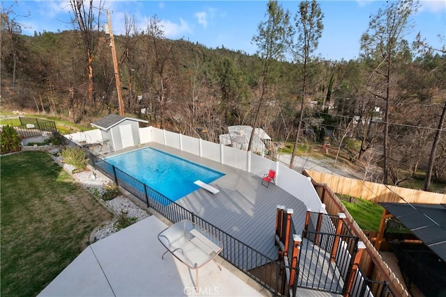 view of swimming pool with a shed, a patio area, and a diving board