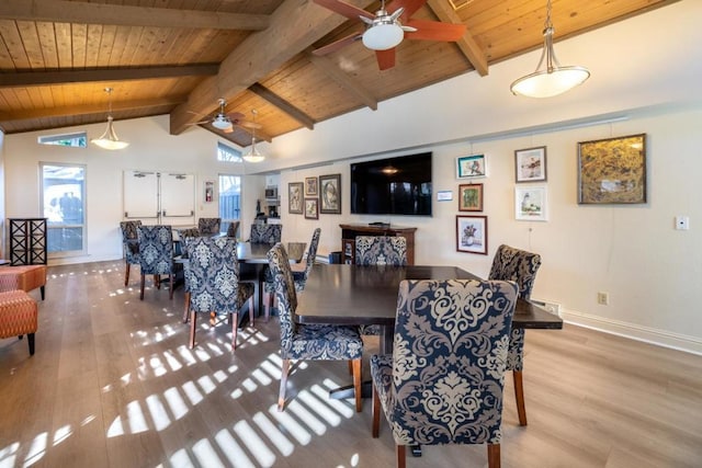 dining space with hardwood / wood-style floors, lofted ceiling with beams, wooden ceiling, and ceiling fan