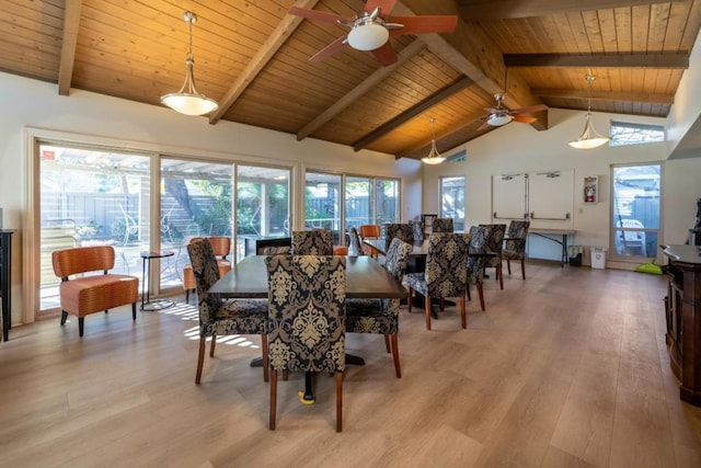 dining space with wooden ceiling, light hardwood / wood-style floors, ceiling fan, high vaulted ceiling, and beam ceiling