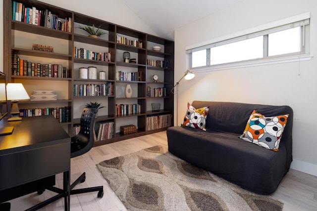 interior space with lofted ceiling and light wood-type flooring