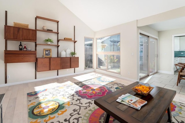 living room with light wood-type flooring and lofted ceiling