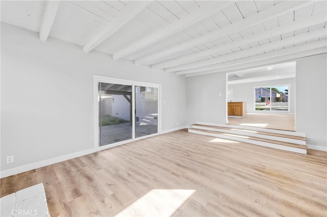 unfurnished living room featuring light wood-style floors, wood ceiling, baseboards, and beam ceiling