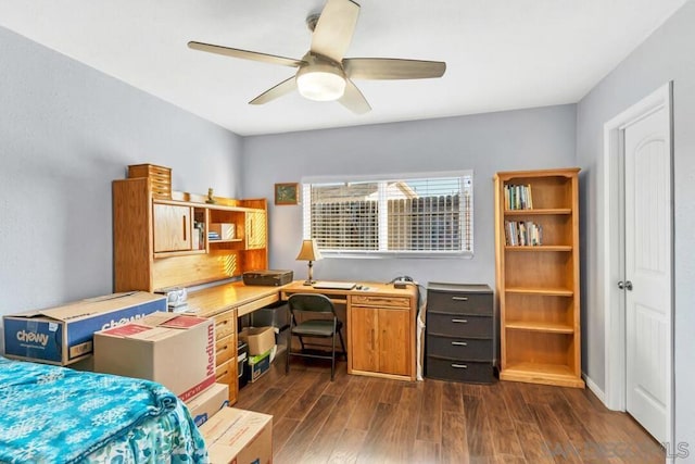 office space featuring ceiling fan and dark hardwood / wood-style flooring