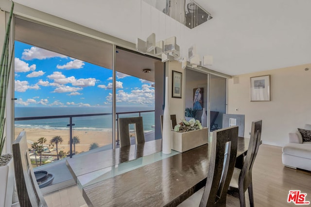 dining space with expansive windows, a water view, hardwood / wood-style flooring, and a healthy amount of sunlight