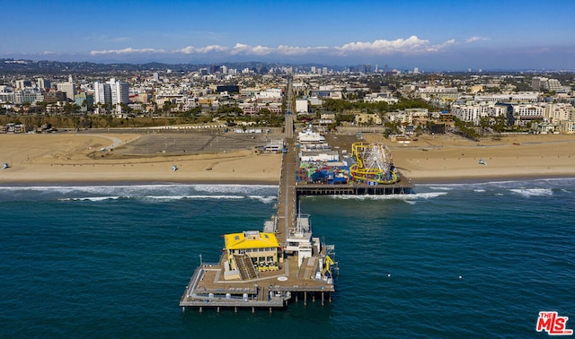 drone / aerial view with a water view and a view of the beach