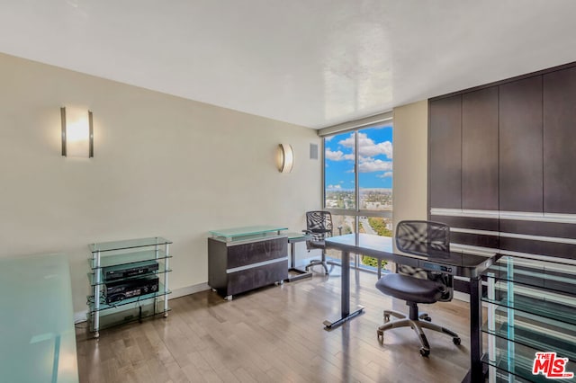 office space with floor to ceiling windows and light wood-type flooring