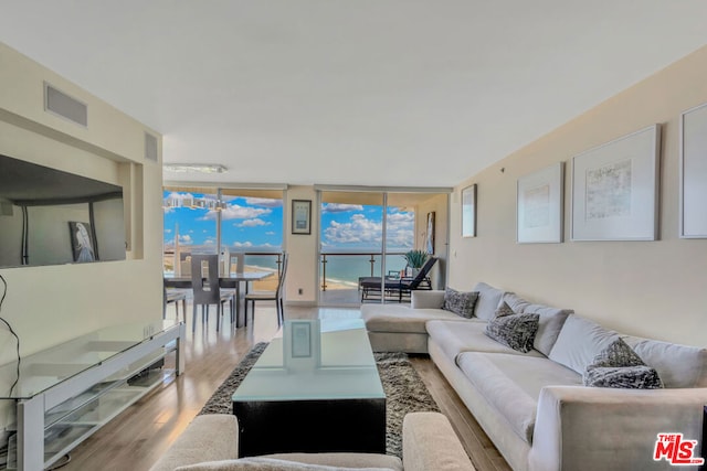 living room with floor to ceiling windows and hardwood / wood-style flooring