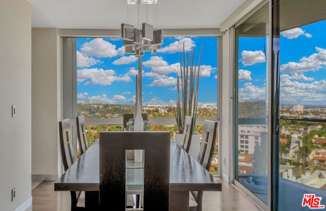 dining area with hardwood / wood-style floors and a wall of windows